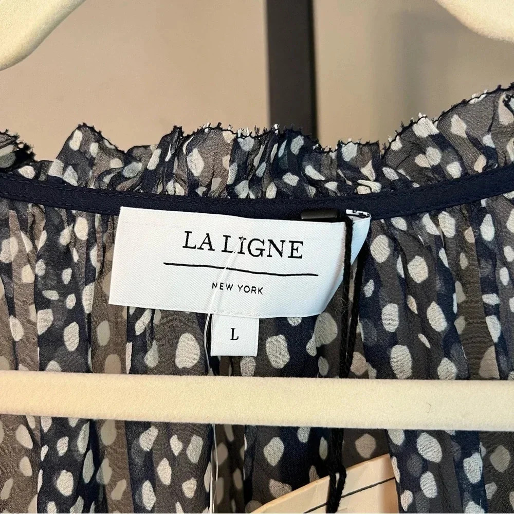La Ligne Alexi Ruffle Long Sleeve Silk Georgette Minidress Navy Ivory Dot Large - Picture 4 of 9